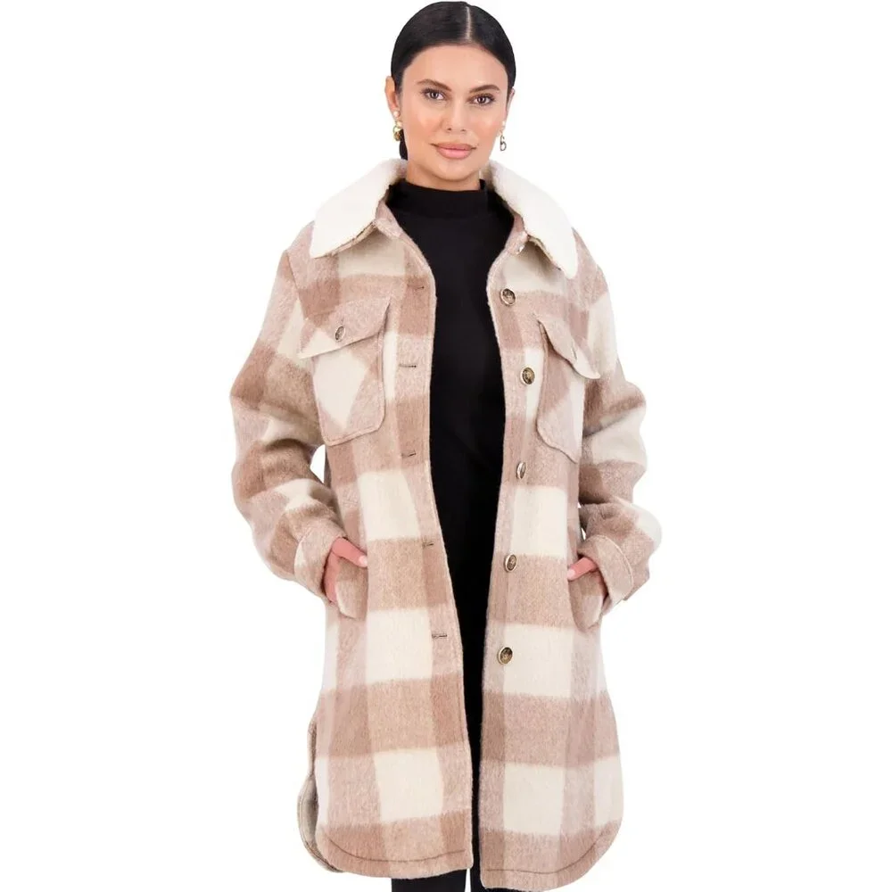 ✨Women Cream Fleece Collar Front Button Closures Shacket Long Plaid Coat Jacket - Picture 7 of 7